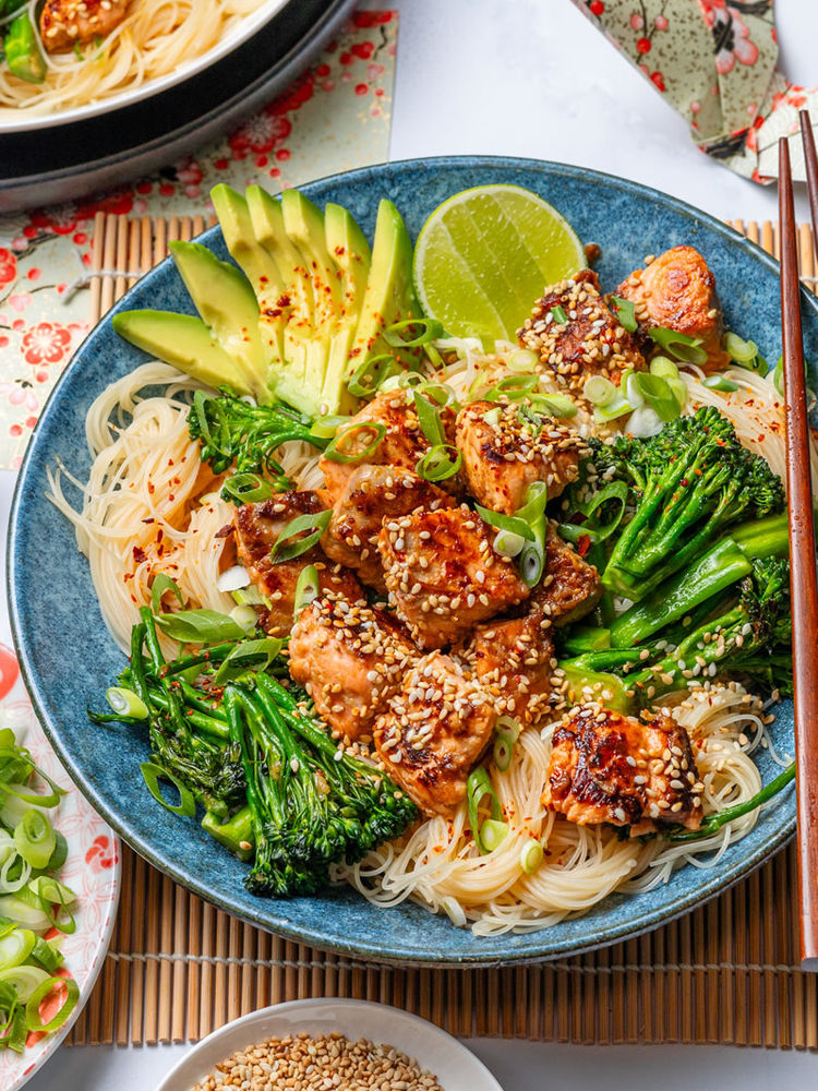 Chang's Teriyaki Salmon Bowl with Rice Vermicelli and Broccolini