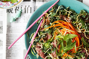 Skirt steak with kale slaw and crispy noodles