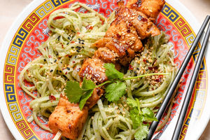 Spicy grilled salmon with herb noodles