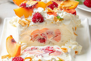 Peach Melba Ice Cream Log with Crunchy Fried Noodles