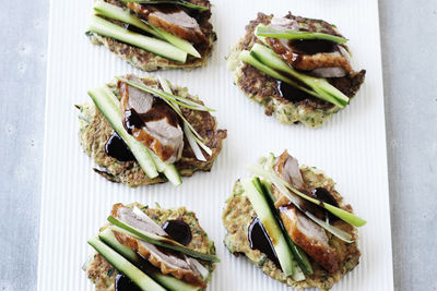 Zucchini Fritters with Roast Duck and Hoisin Sauce recipe from Changs