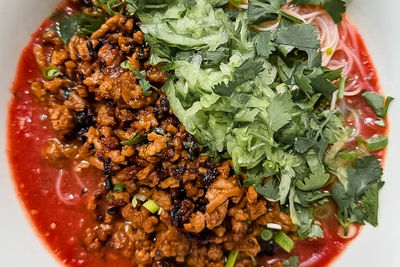 Tomato Butter Rice Noodles with Honey Tamari Pork Mince and Refreshing Cucumber recipe from Changs Tomato Butter Rice Noodles with Honey Tamari Pork Mince and Refreshing Cucumber recipe from Changs