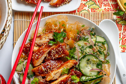 Korean-inspired BBQ Chicken with Gochujang Noodles and Cucumber Salad recipe from Changs