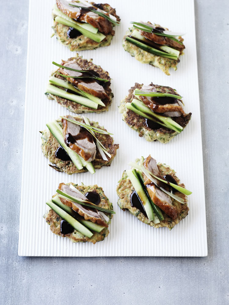 Zucchini Fritters with Roast Duck and Hoisin Sauce