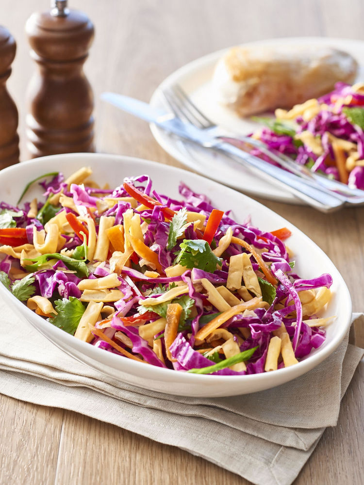 Red cabbage slaw with crunchy noodles