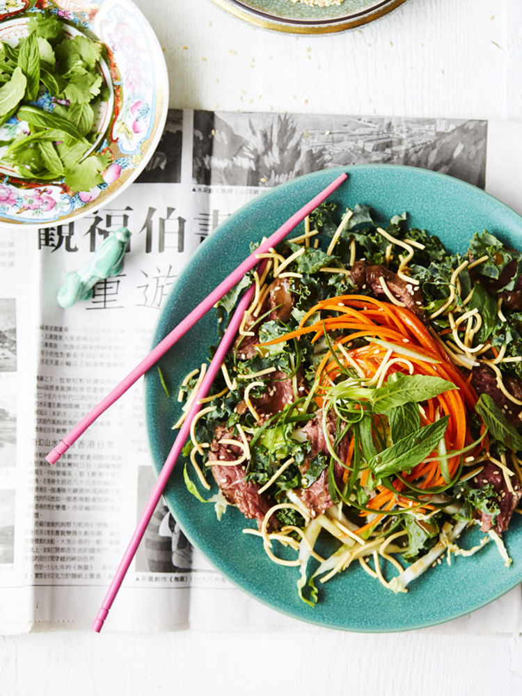 Skirt steak with kale slaw and crispy noodles