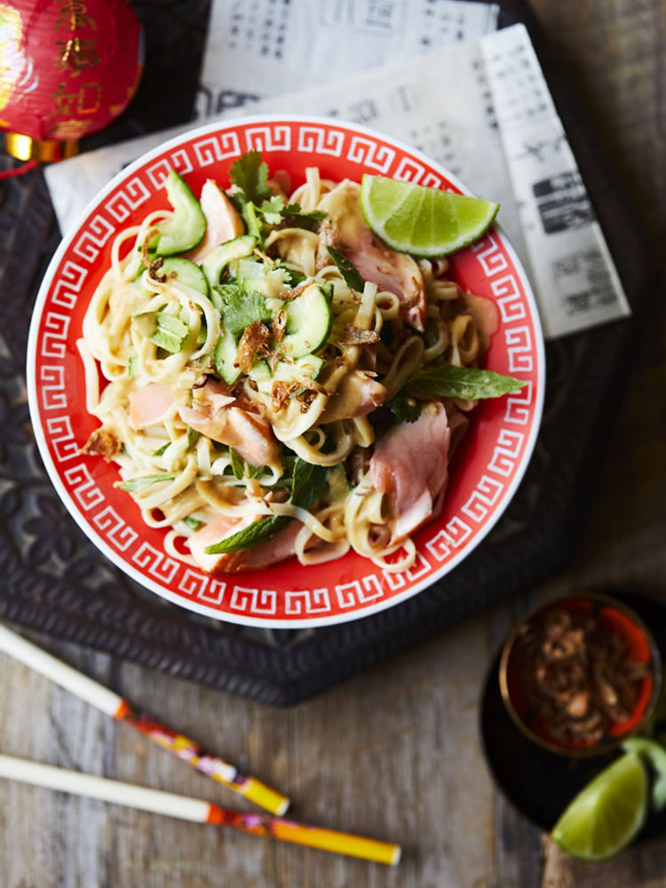 Sesame noodles with salmon and Asian herbs