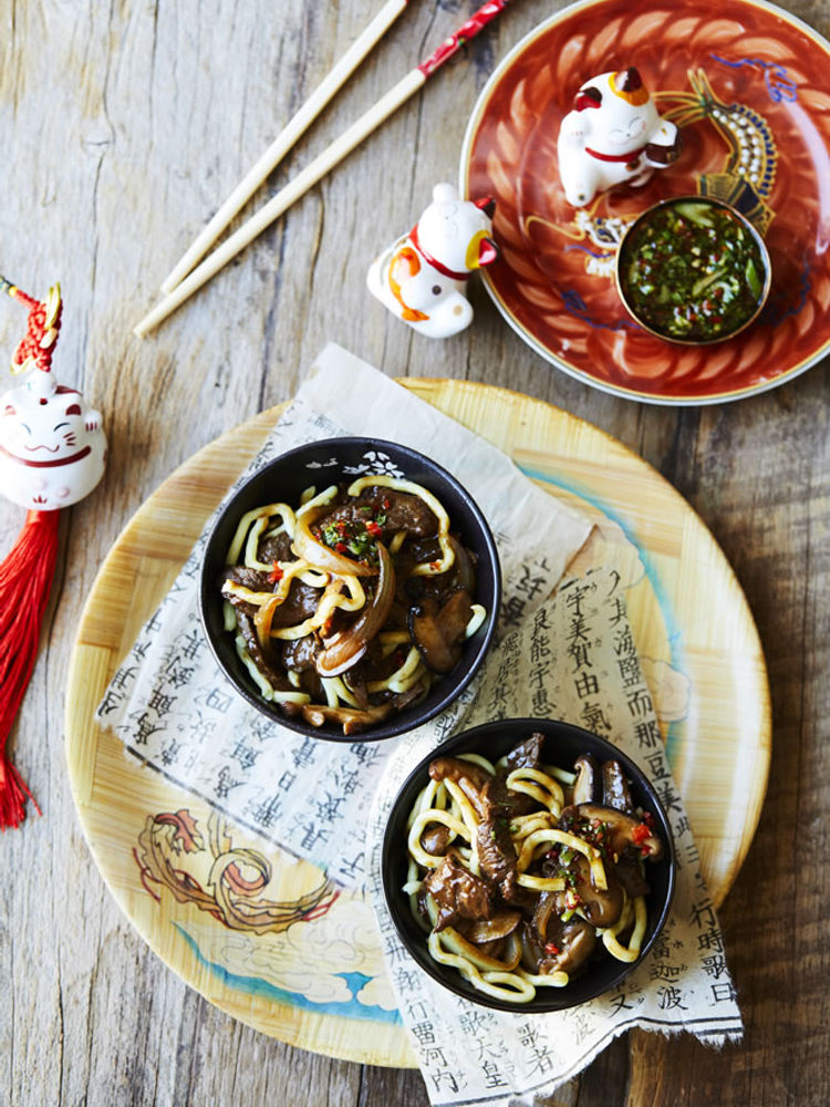 Hoisin beef with shitake, noodles and spring onion dressing