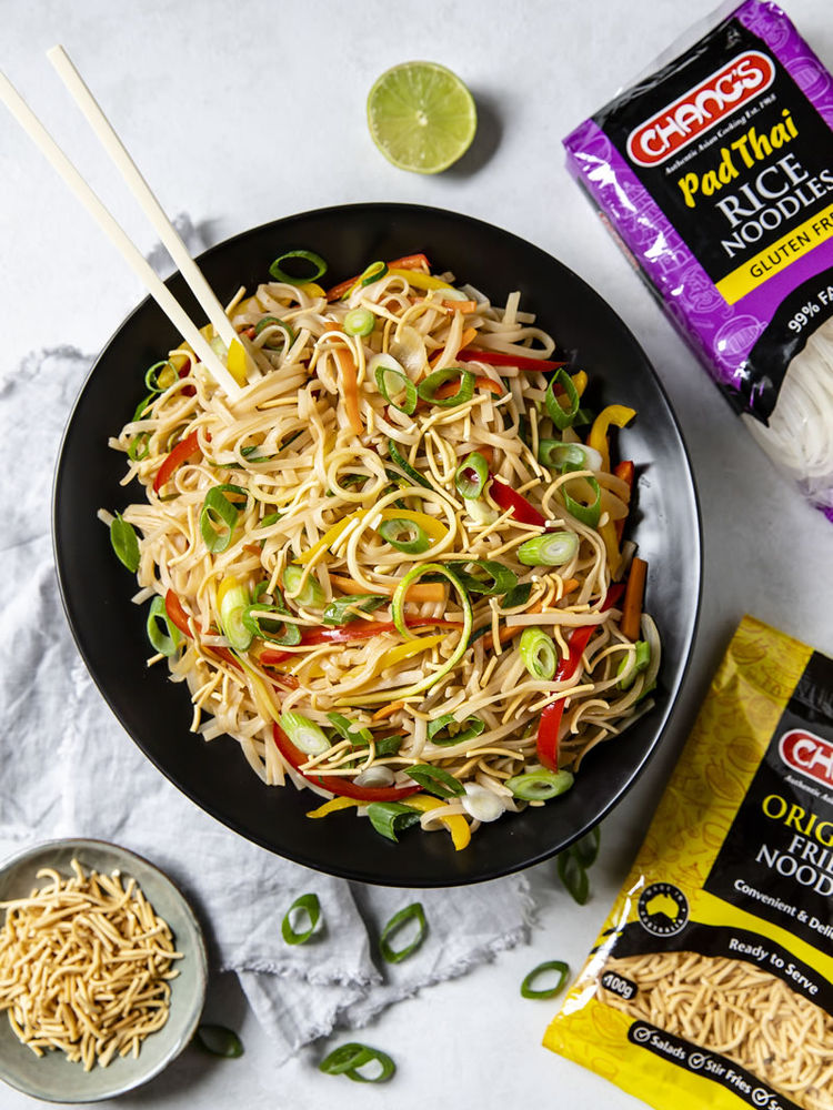 Rainbow Vegetarian Pad Thai with Crispy Noodles