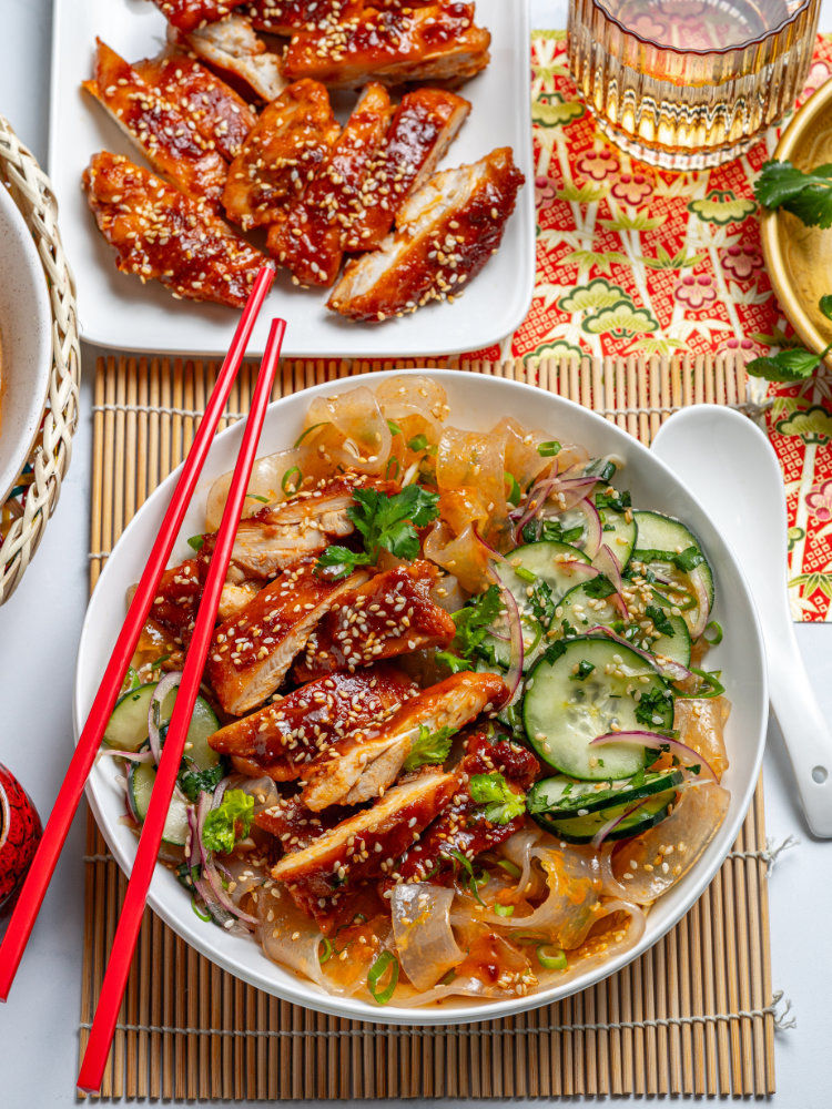Korean-inspired BBQ Chicken with Gochujang Noodles and Cucumber Salad Korean-inspired BBQ Chicken with Gochujang Noodles and Cucumber Salad