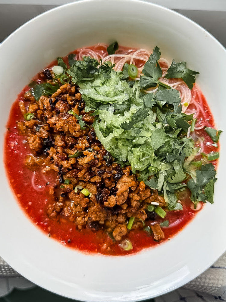Tomato Butter Rice Noodles with Honey Tamari Pork Mince and Refreshing Cucumber