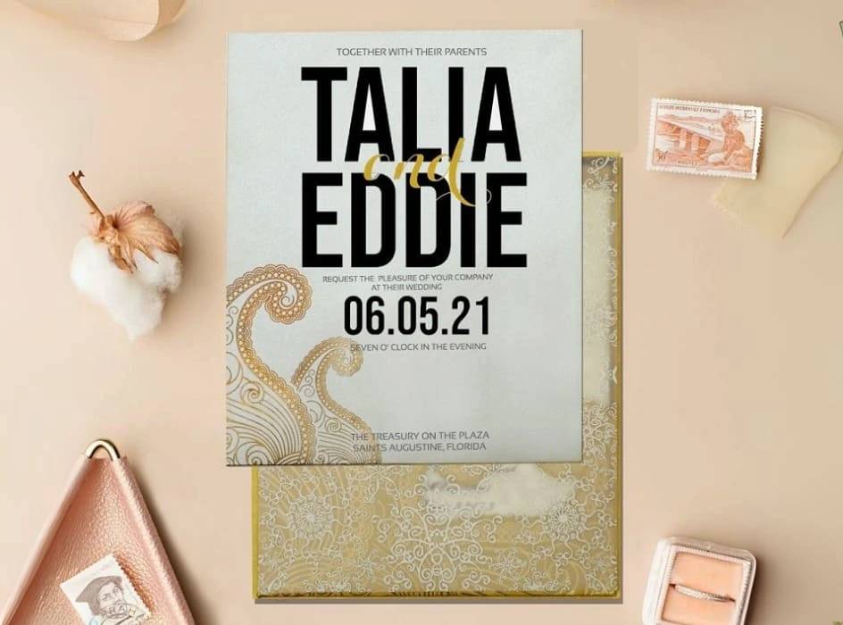 Gold Off White SHimmery Wedding Invitations