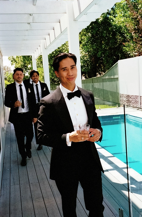 Groom getting ready poolside at Blue Wren Farm Mudgee