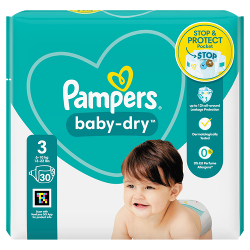 Pampers Baby-Dry Size 3, 30 Nappies, 6kg-10kg, Carry Pack