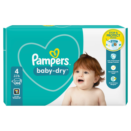 Pampers Baby-Dry Size 4, 44 Nappies, 9kg-14kg, Essential Pack