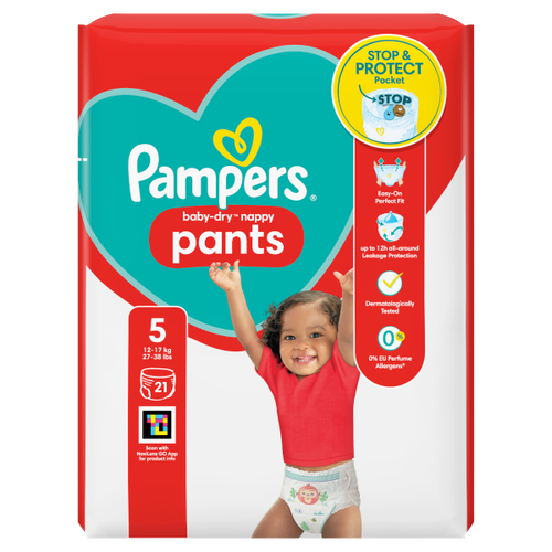 Pampers Baby-Dry Nappy Pants Size 5, 21 Nappies, 12kg - 17kg, Carry Pack