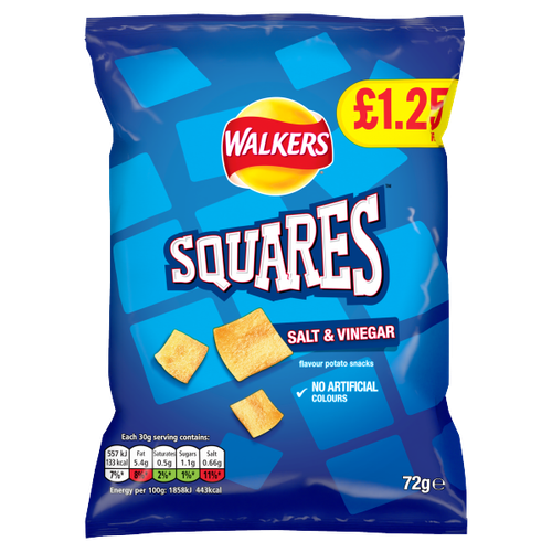 Walkers Squares Salt & Vinegar Snacks PMP £1.25 72g