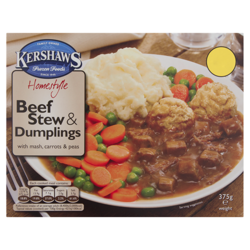 Kershaws Homestyle Beef Stew & Dumplings with Mash, Carrots & Peas 375g