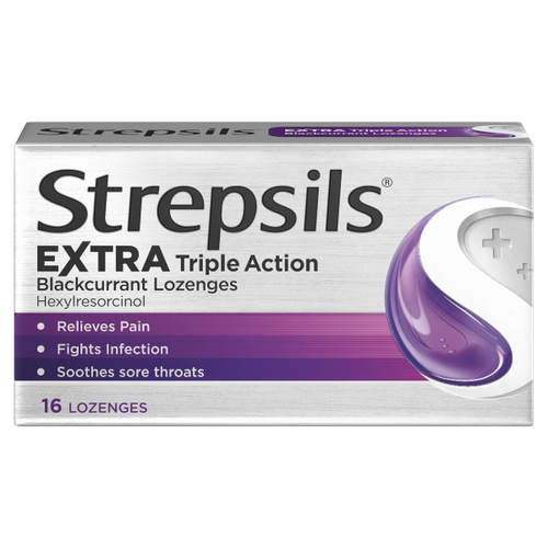 Strepsils Extra Triple Action Blackcurrant Lozenges x 16 for Sore Throat