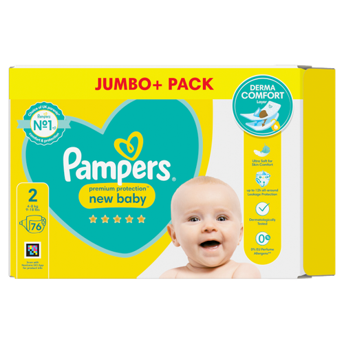 Pampers New Baby Size 2, 76 Nappies, 4kg-8kg, Jumbo+ Pack