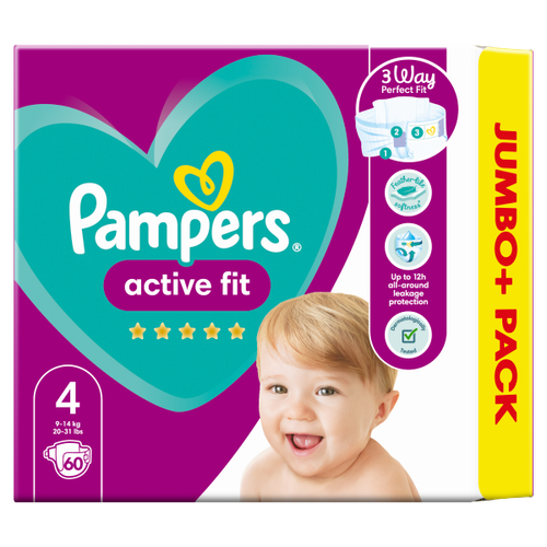 Pampers Active Fit Size 4, 60 Nappies, 9kg-14kg, Jumbo+ Pack