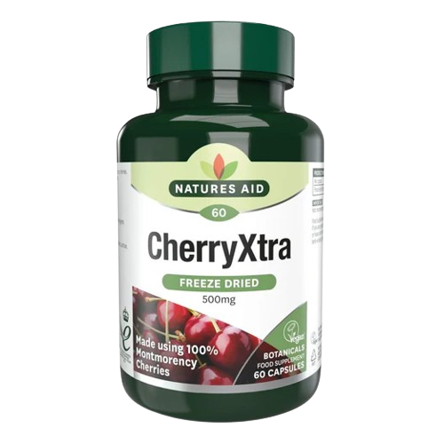 Natures Aid CherryXtra providing 500mg of Freeze-dried Montmorency Cherries 60 Vcaps