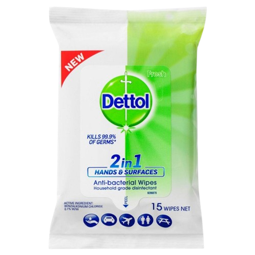 Dettol Anti-Bac 2 in 1 Hand and Surface Wipes Pack of 15 Wipes