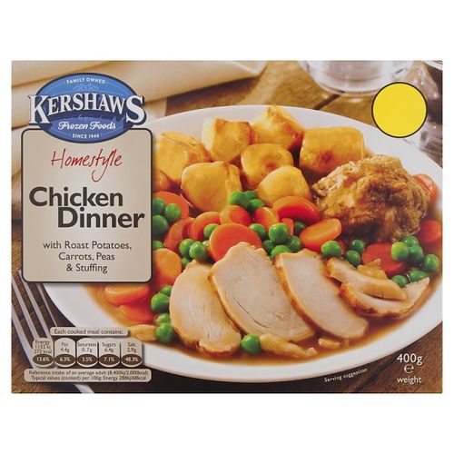 Kershaws Homestyle Chicken Dinner with Roast Potatoes, Carrots, Peas & Stuffing 400g