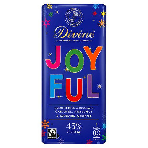 Divine Joyful 45% Cocoa Smooth Milk Chocolate Caramel, Hazelnut & Candied Orange 180g