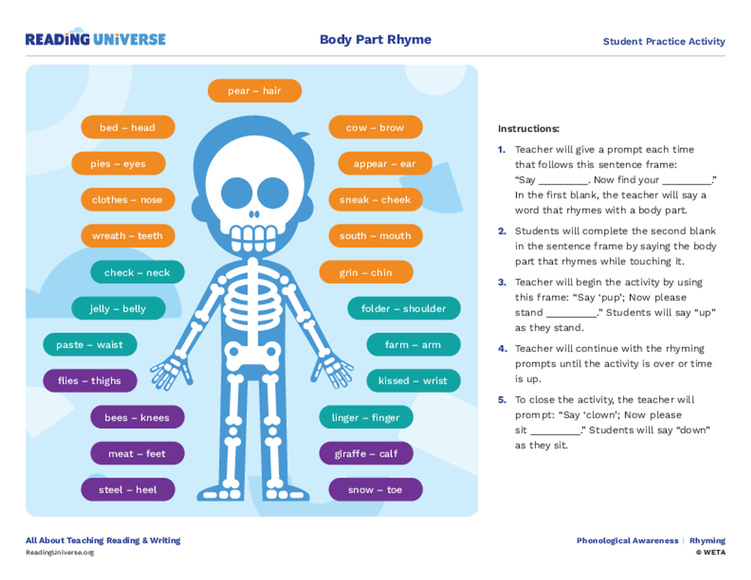 Student Practice Activity: Body Part Rhyme | Reading Universe
