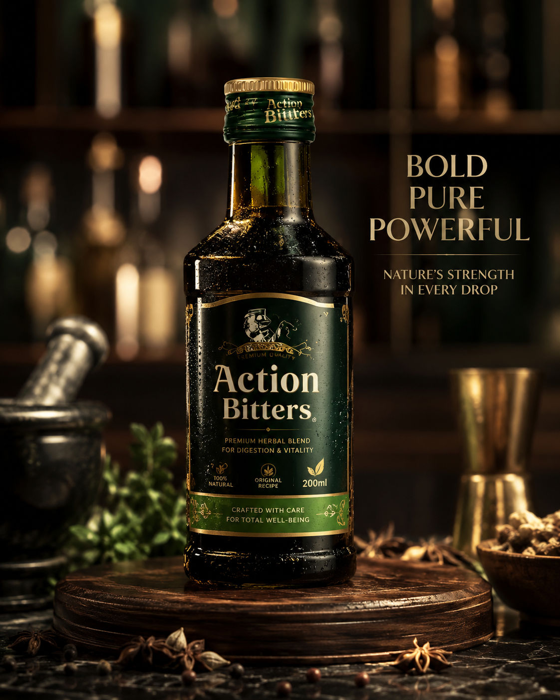 Action Bitters bottle with herbal branding, Nigerian alcoholic herbal bitters