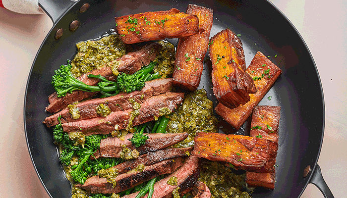 Grilled flank steaks with salsa verde and 12-hour potato stacks - Goody ...