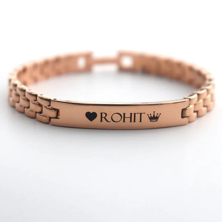 Custom Engraved Bar Link Bracelet with Heart & Crown - Image 1