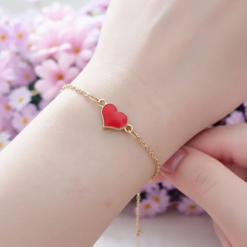 Minimalist Red Enamel Heart Charm Bracelet
