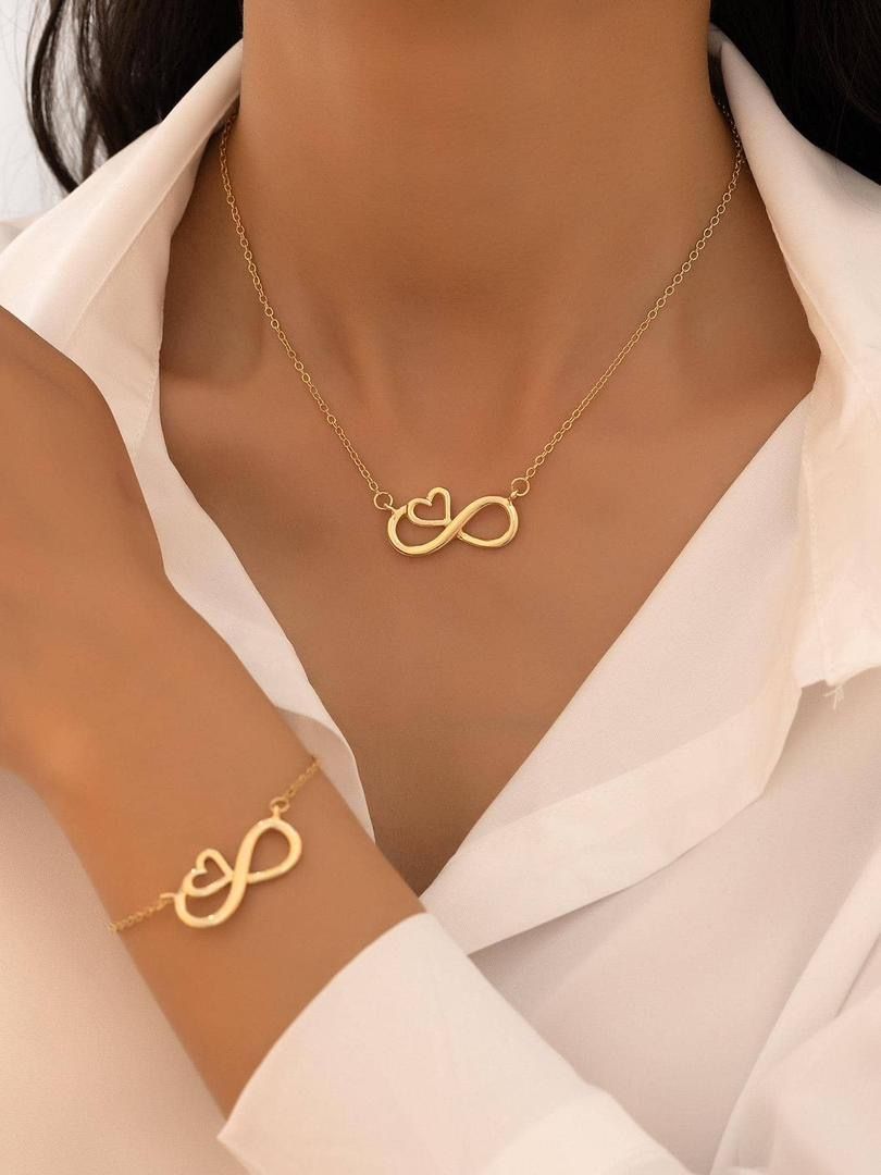 Infinity Heart Necklace With Matching Bracelet Chain Set
