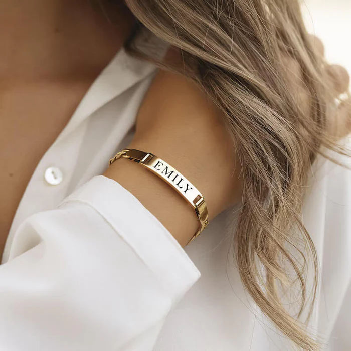 Modern Custom Engraved Wide Bar Link Bracelet - Image 1