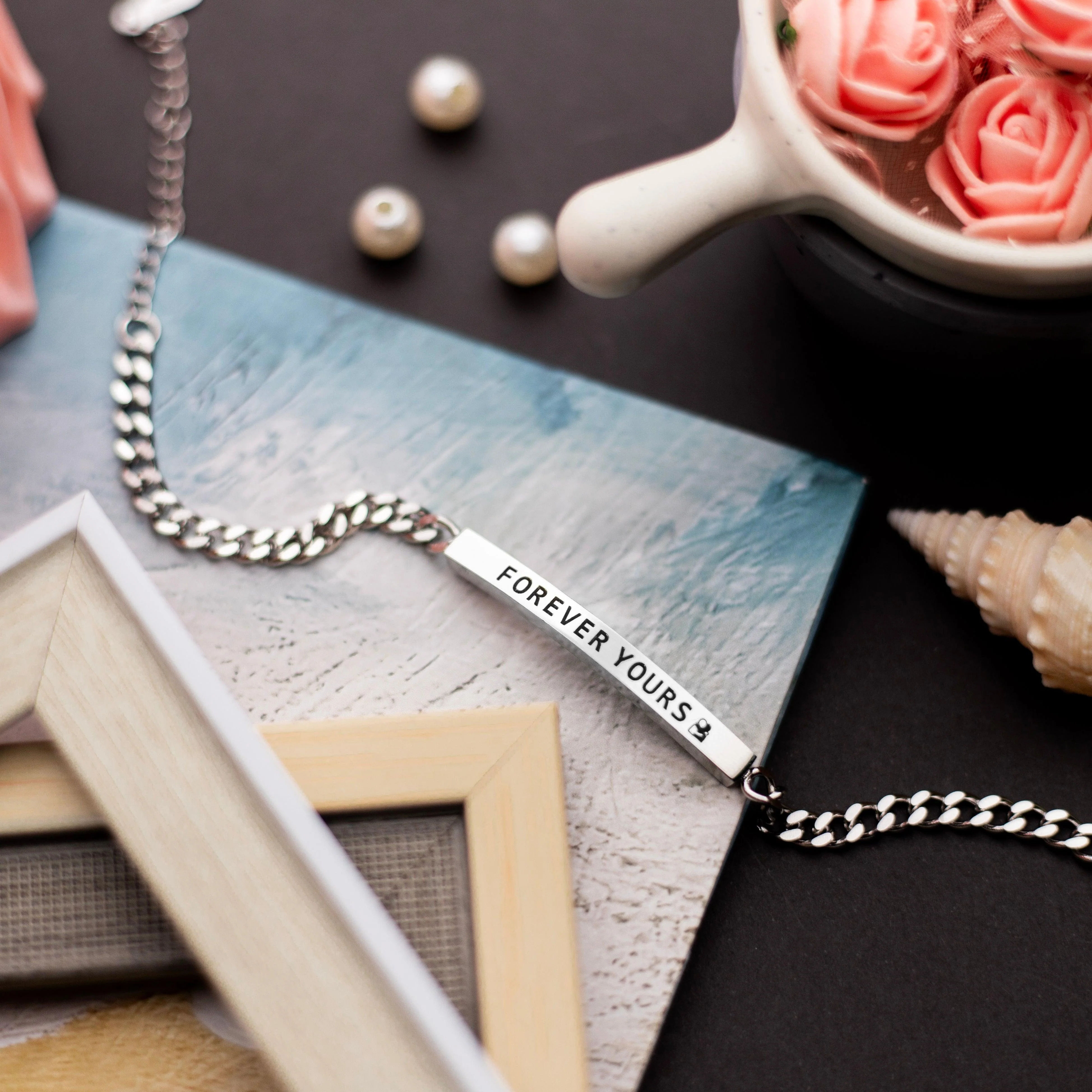 Custom Engraved Bar Link Bracelet with Heart & Crown thumbnail 2