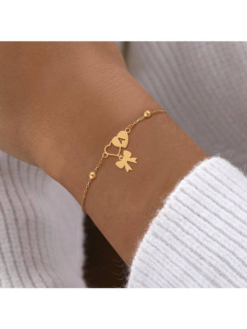 Gold Heart Initial Charm Bracelet With Bow and Fine Chain - 1