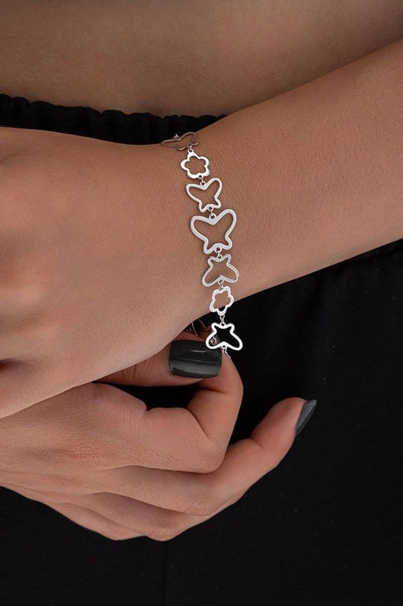 Silver Butterfly Charm Bracelet With Linked Outline Design - 1