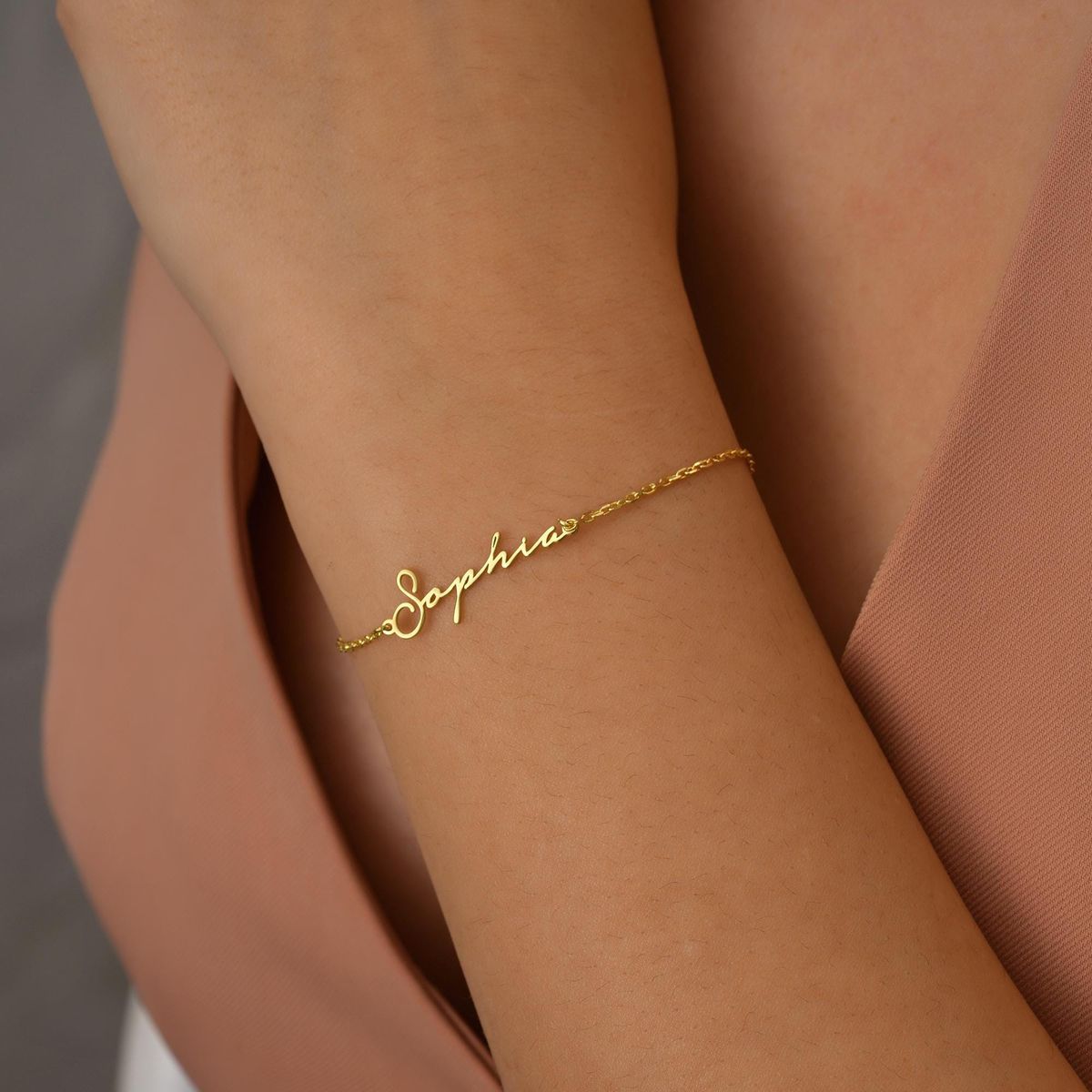 Thin Gold Chain Bracelet With Script Name Centerpiece