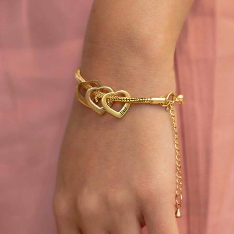 Snake Chain Bracelet With Three Engraved Name Heart Charms