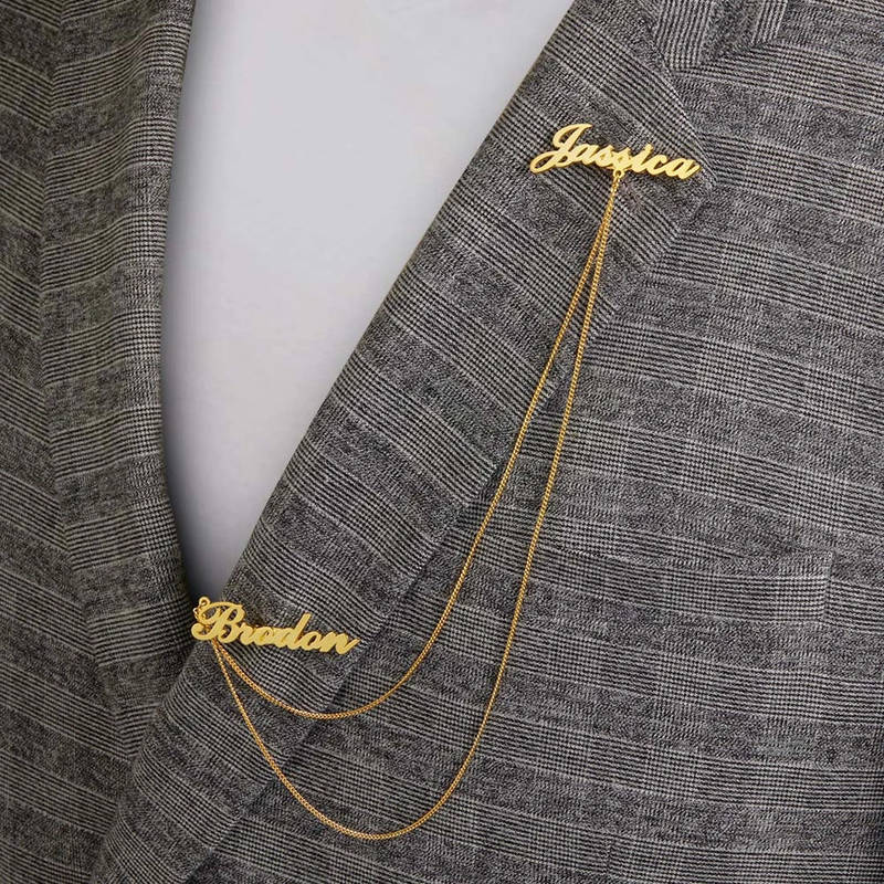 Personalised Double Name Brooch with Gold Chain | Stylish Gold Plated Coat Brooch for Blazer, Suit & Wedding - 2