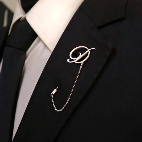 Script Initial Stick Brooch With Fine Chain Detail