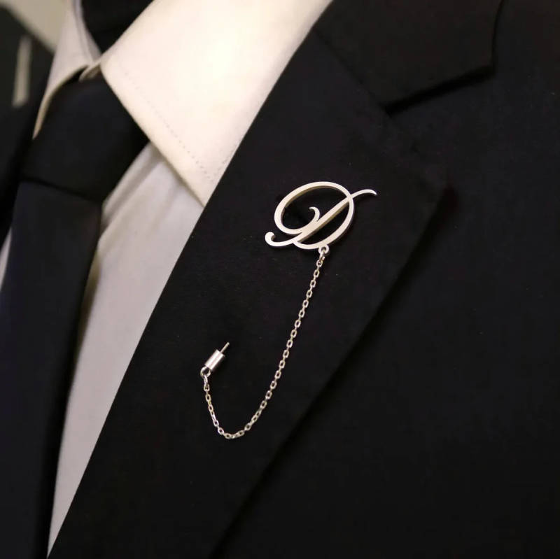 Script Initial Stick Brooch With Fine Chain Detail - 1