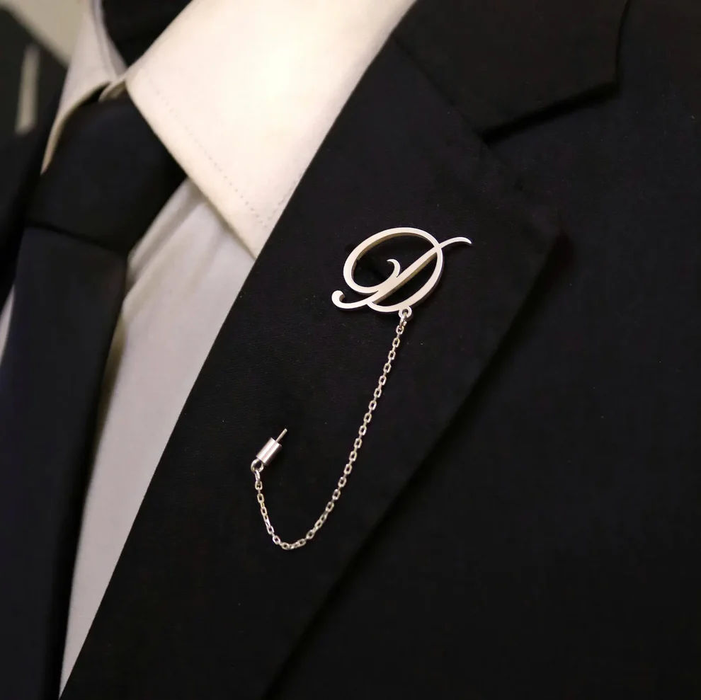 Script Initial Stick Brooch With Fine Chain Detail