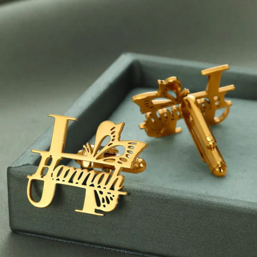 Initial Cufflinks With Butterfly And Vine Cut-Out Design