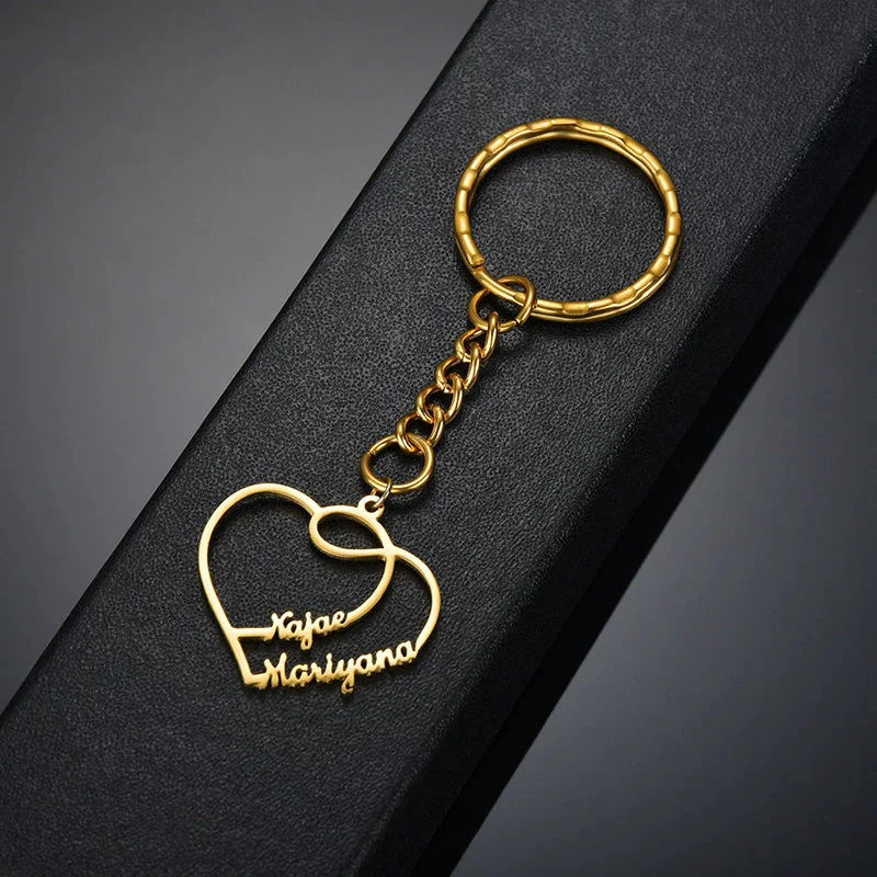 INZAVY Personalized Double Name Heart Keychain