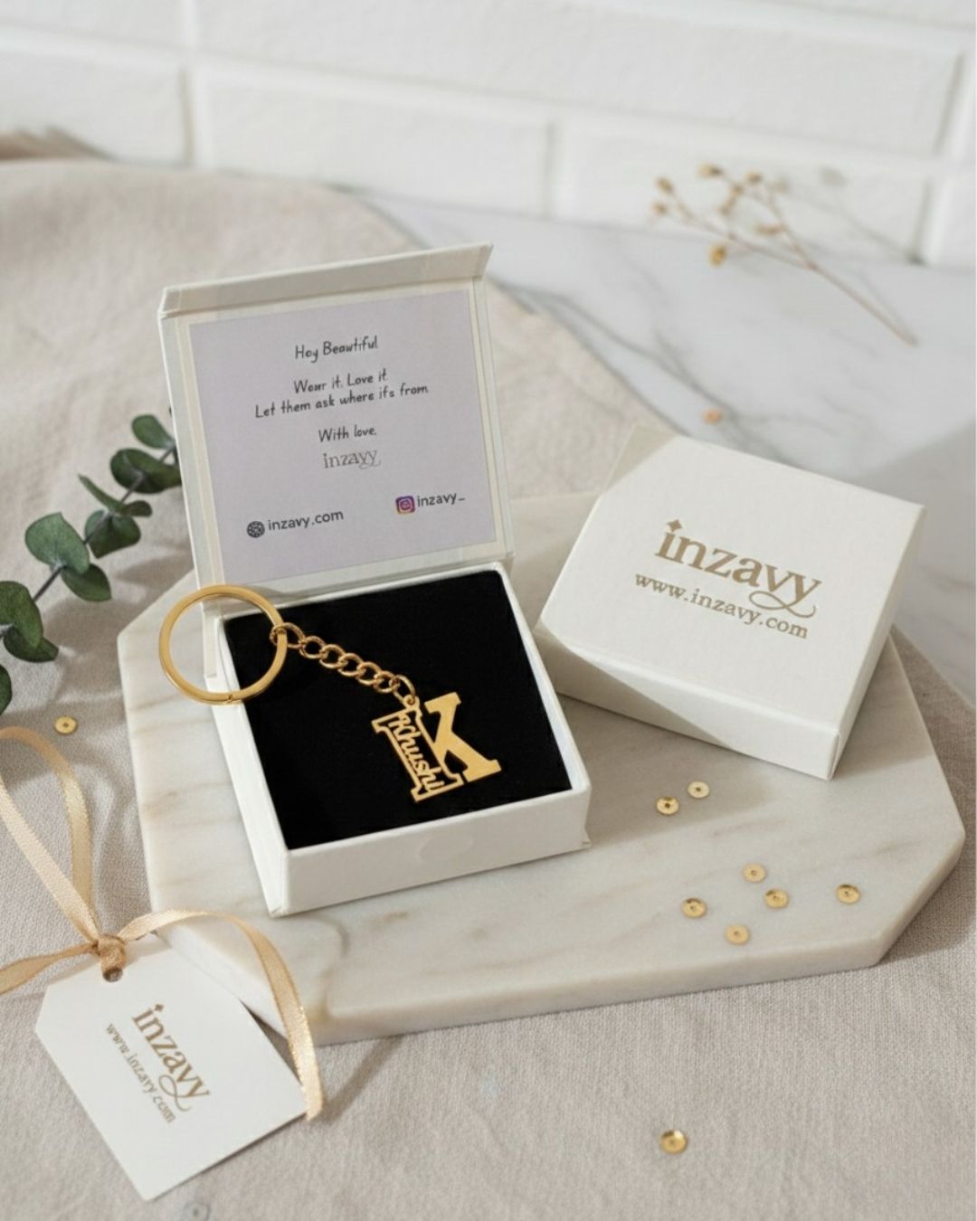 INZAVY Intertwined Double Name Heart Keychain