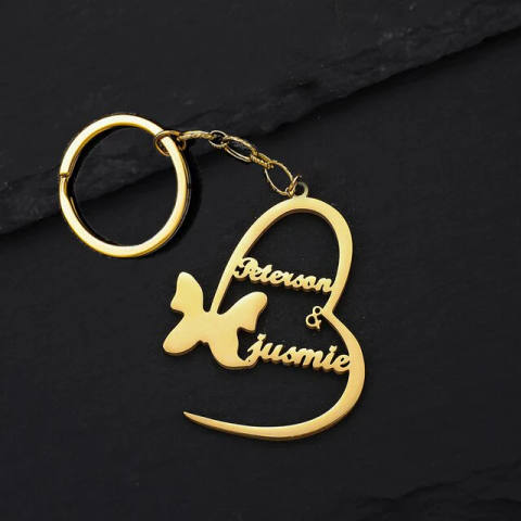Heart And Butterfly Script Name Keychain With Dual Names