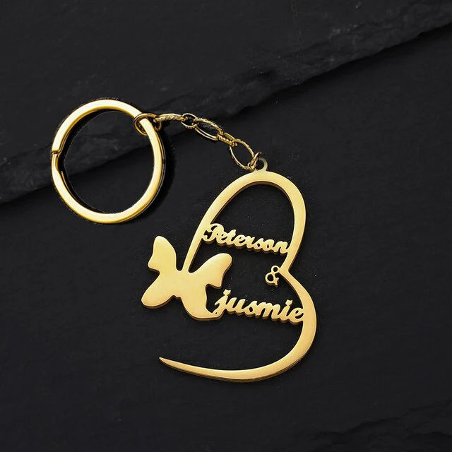 Heart And Butterfly Script Name Keychain With Dual Names